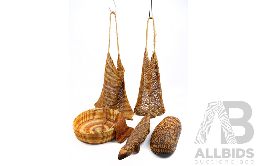 Collection Indigenous Pieces Including Three Hand-Woven and Hand-Dyed Bags and One Basket From Port Keats NT together with Hand Carved Wooden Pokerwork Decorated Goanna and Coolamon