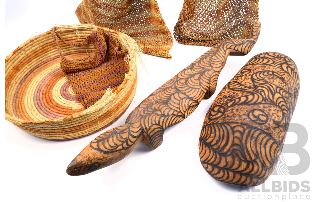 Collection Indigenous Pieces Including Three Hand-Woven and Hand-Dyed Bags and One Basket From Port Keats NT together with Hand Carved Wooden Pokerwork Decorated Goanna and Coolamon