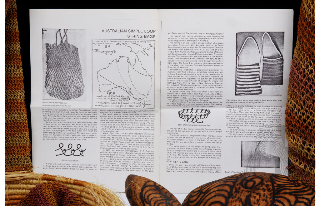 Collection Indigenous Pieces Including Three Hand-Woven and Hand-Dyed Bags and One Basket From Port Keats NT together with Hand Carved Wooden Pokerwork Decorated Goanna and Coolamon
