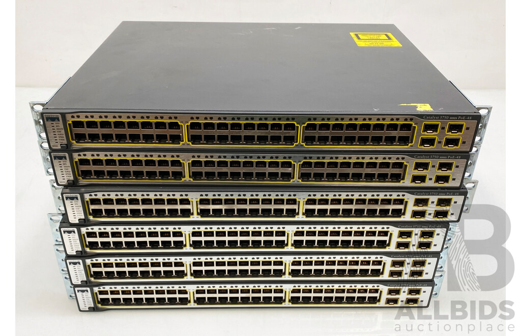 Cisco Catalyst (WS-C3750-48PS-S) 3750 Series PoE-48 48-Port Fast Ethernet PoE Switch - Lot of Six