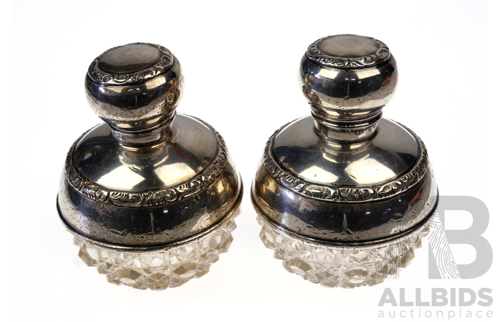 Pair Vintage Dressing Table Cut Glass Bottles with Sterling Silver Mounts and Lid, Birmingham 1937