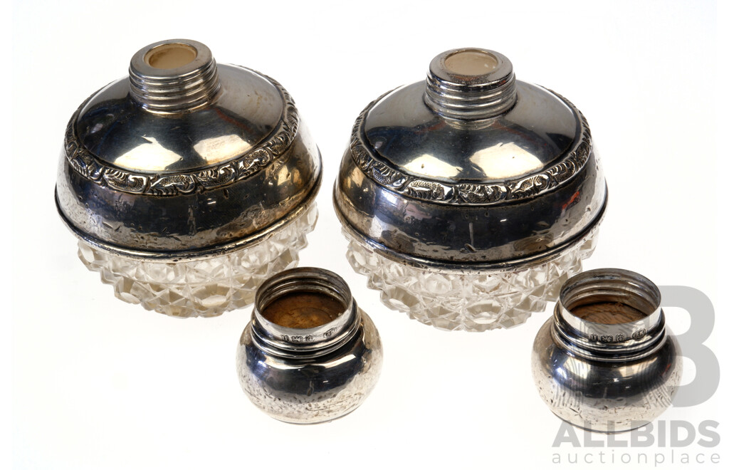 Pair Vintage Dressing Table Cut Glass Bottles with Sterling Silver Mounts and Lid, Birmingham 1937