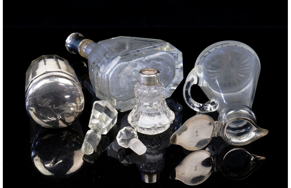 Collection Four Antique Dressing Table Pieces with Sterling Silver Mounts, All Birmingham