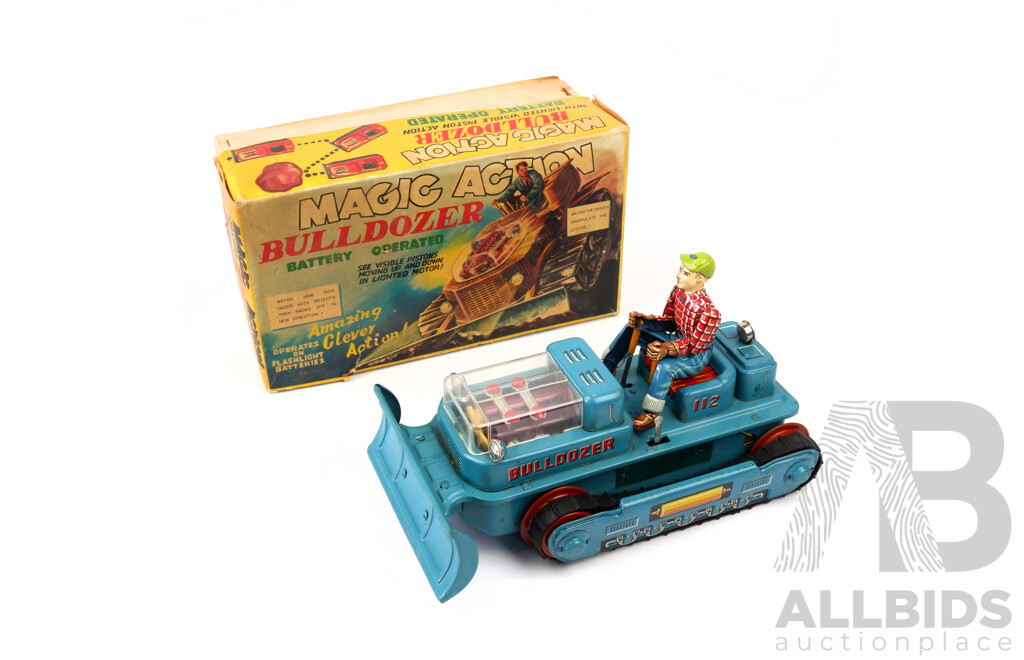 Vintage T.N Pressed Steel Magic Action Bulldozer with Original Box, Made in Japan