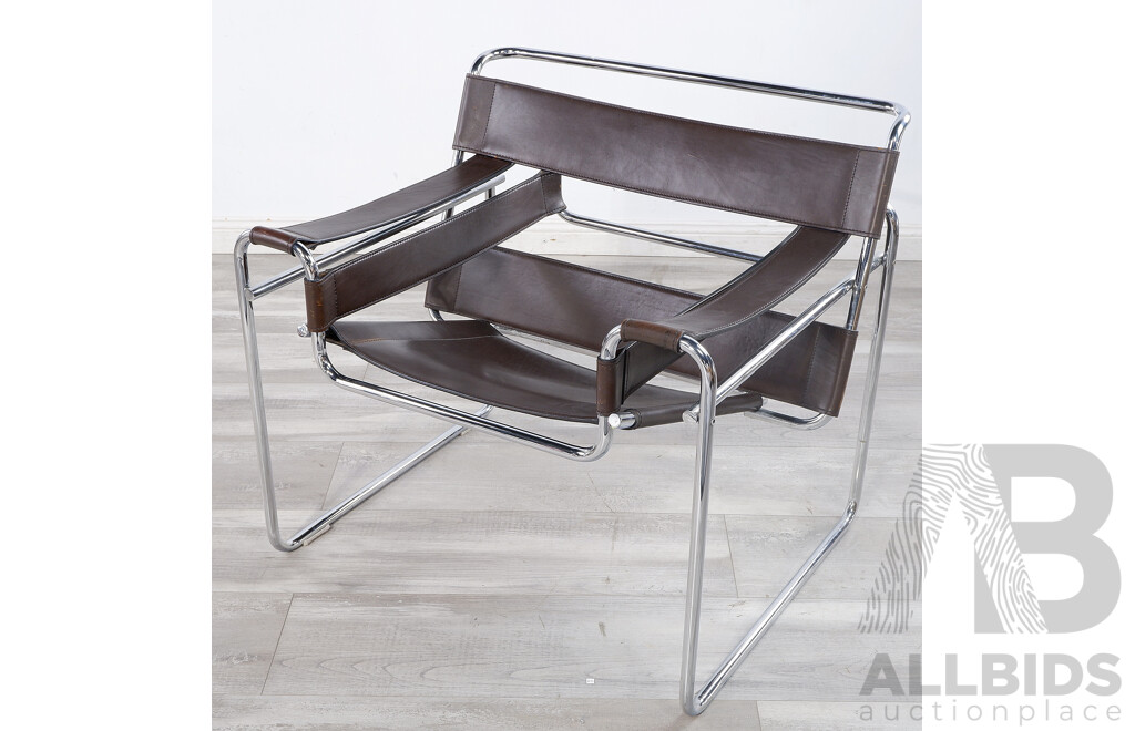 Good Tan Leather and Chromed Metal B3 Wassily Chair by Fasem, First of Two 