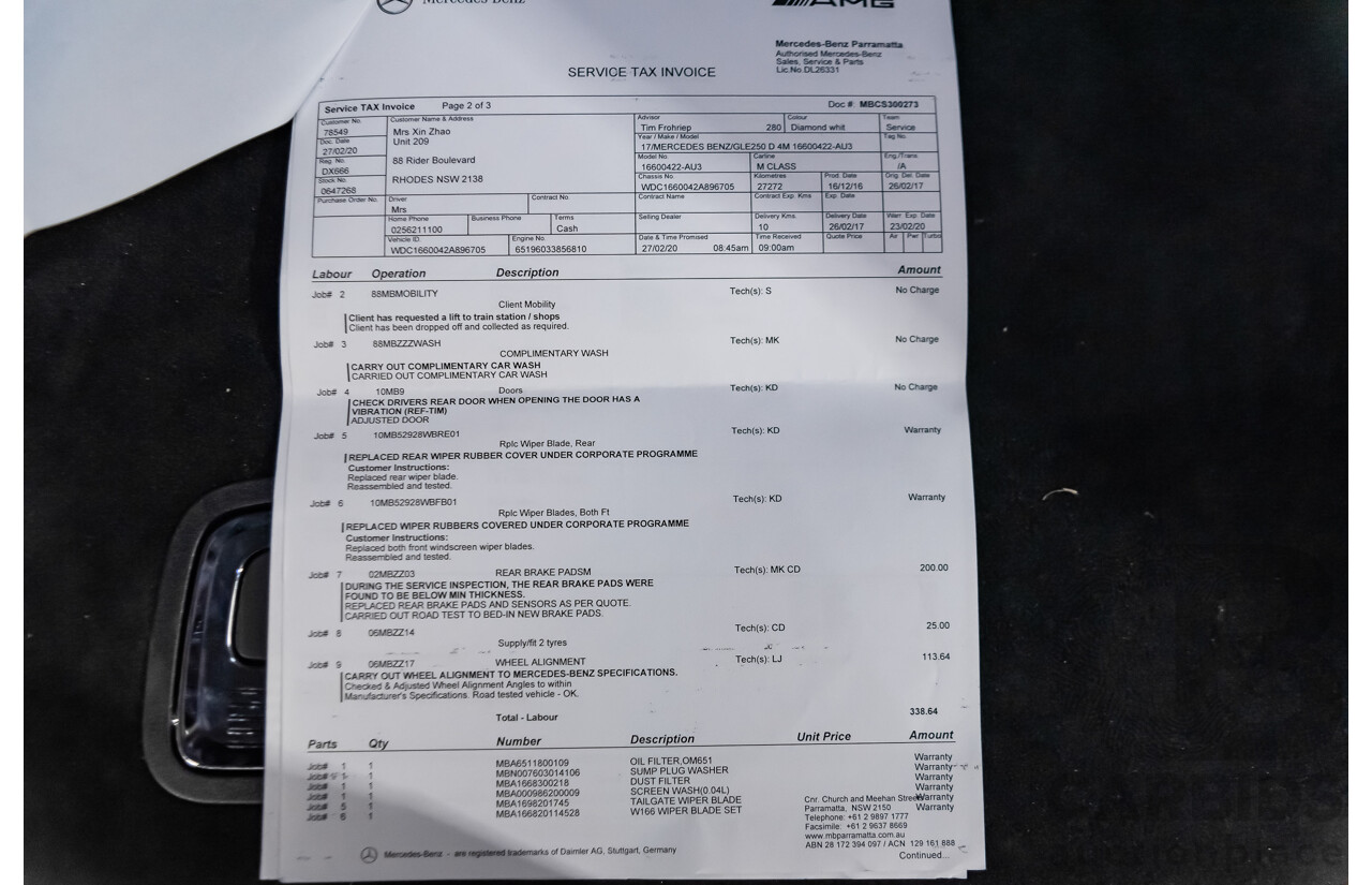 3/2017 Mercedes-Benz GLE 250 d 166 4d Wagon White 2.1L Turbo Diesel