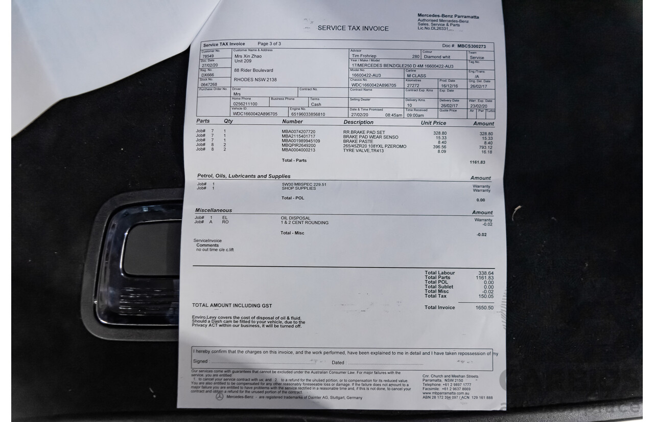 3/2017 Mercedes-Benz GLE 250 d 166 4d Wagon White 2.1L Turbo Diesel