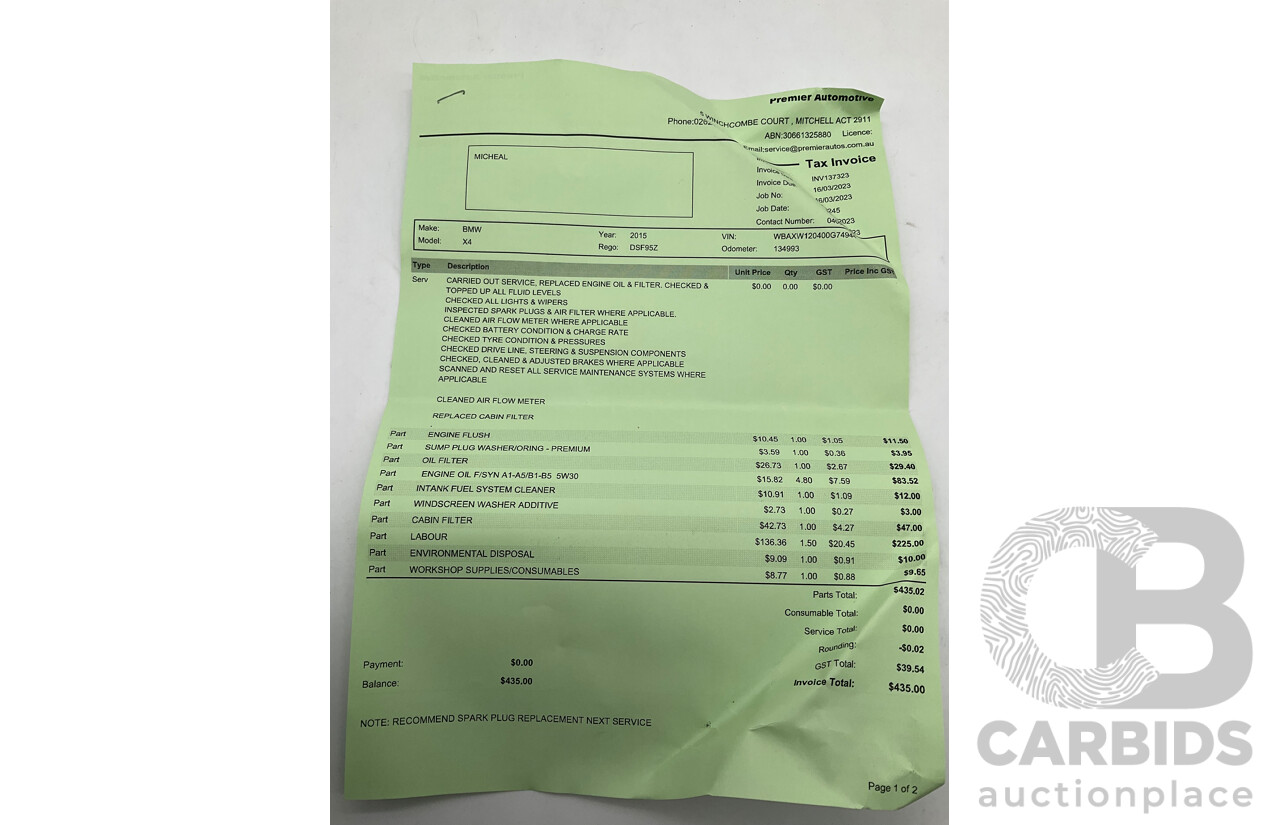 10/2015 BMW X4 Xdrive 20i M-Sport F26 MY15 5d Coupe White Turbo 2.0L