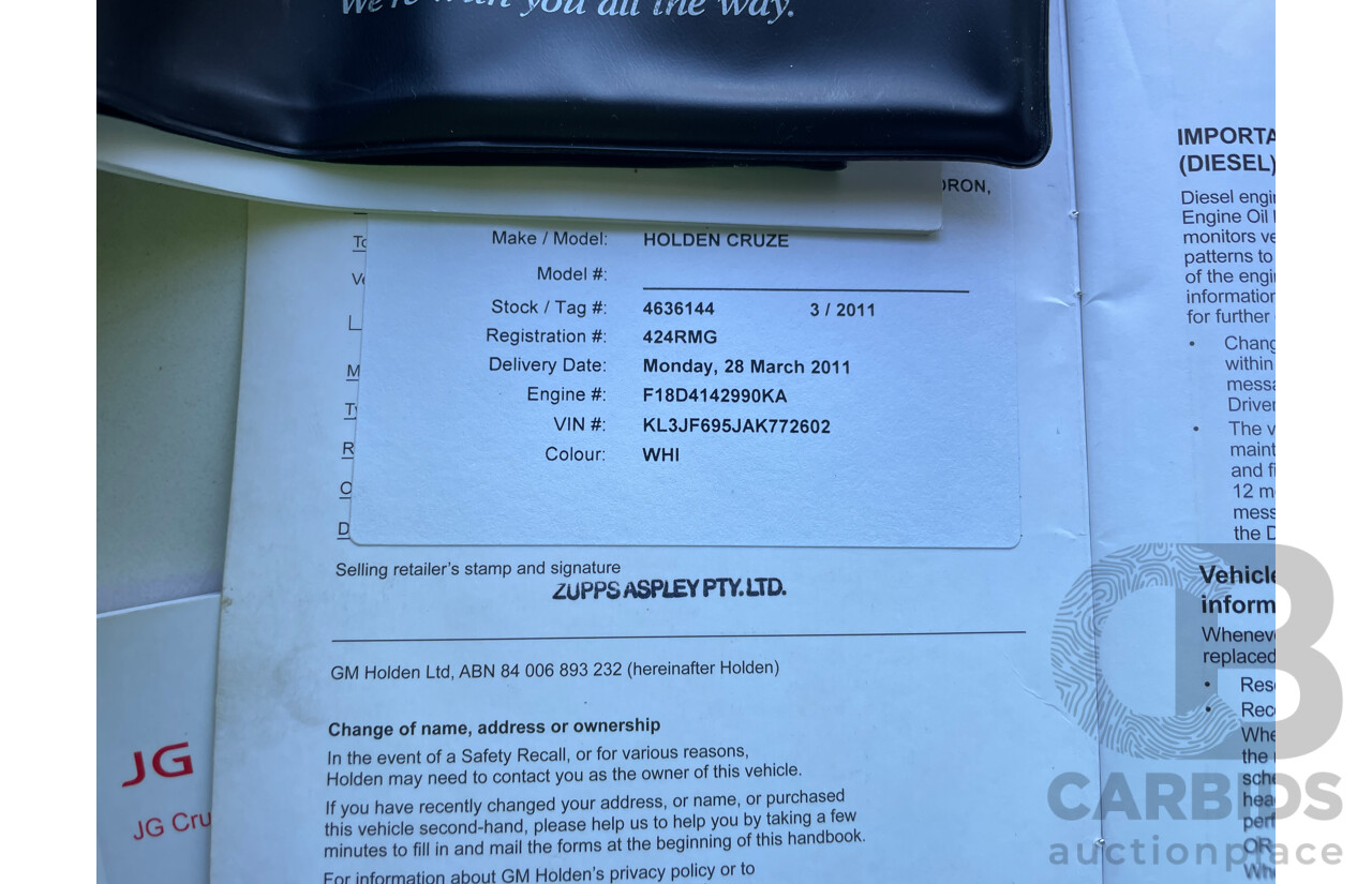 3/2011 Holden Cruze CD JG 4d Sedan White 1.8L