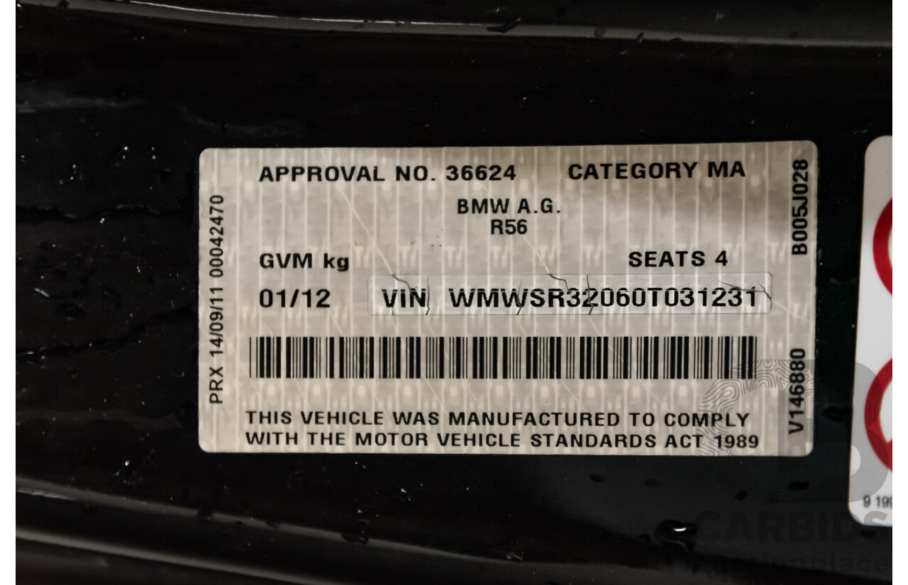 1/2012 Mini Cooper RAY R56 MY12 2d Hatchback Black 1.6L