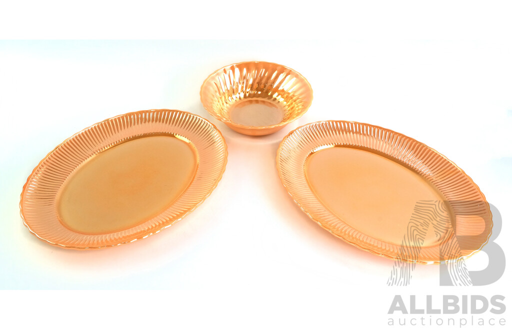 Set Three Vintage American Glass Peach Lusterware with Ridged Edge by Anchor Hocking