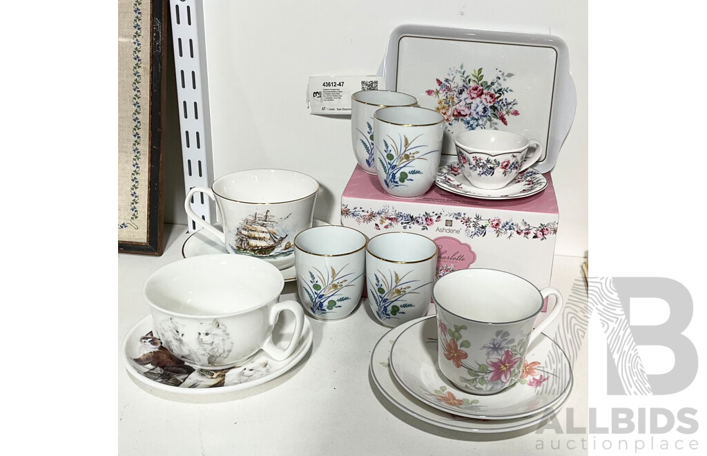 Collection Porcelain Including Boxed Ashdene Charlotte Collection Sauce Boat, Duo, Set Four Noritkae Cups, Elizabethian China Ships Duo and More