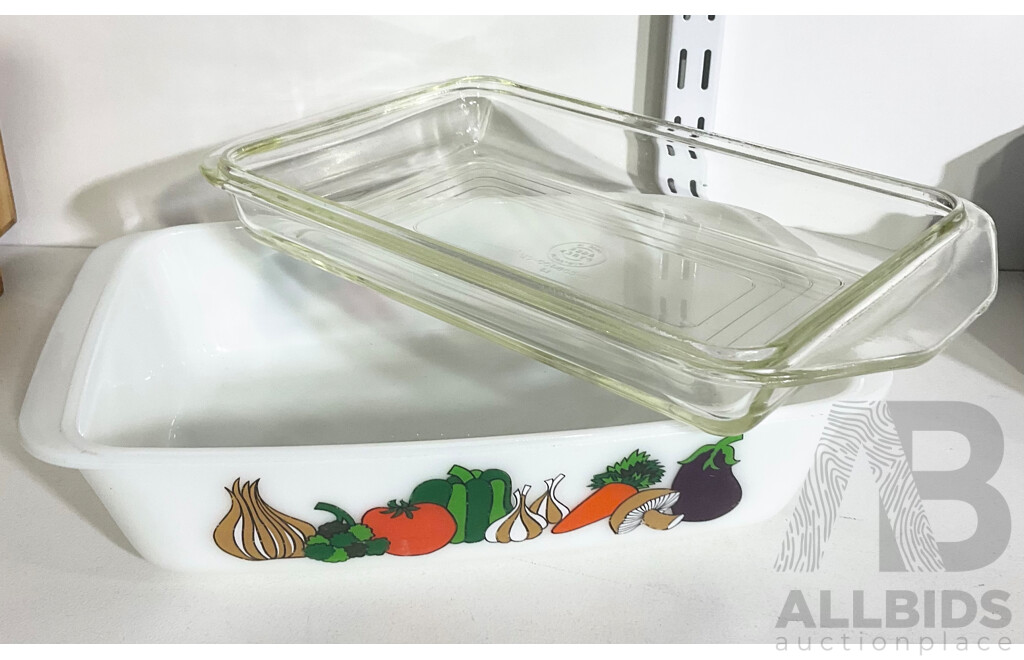 Retro JAJ English White Glass Casserol Dish Along with Shallow Pyrex Baking Dish