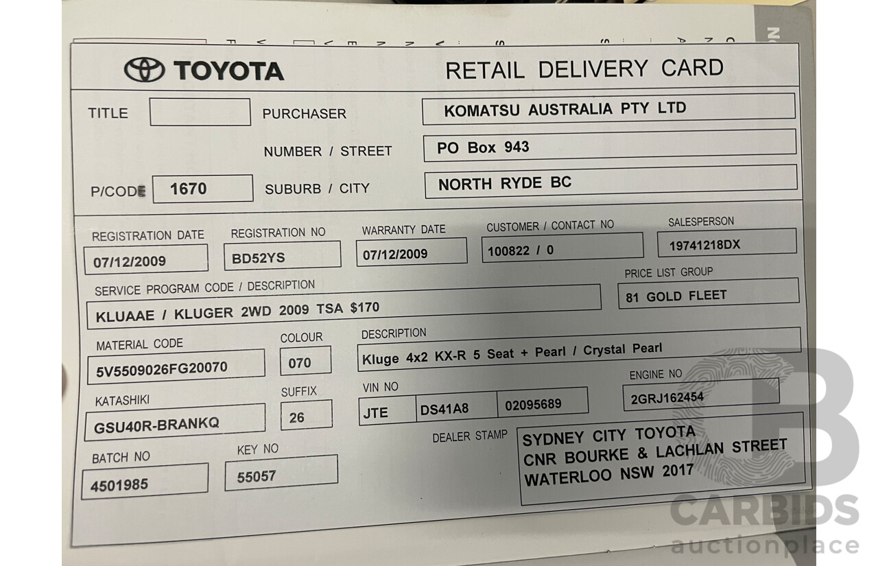 11/2009 Toyota Kluger KX-R (fwd) 5 SEAT GSU40R 4d Wagon White 3.5L