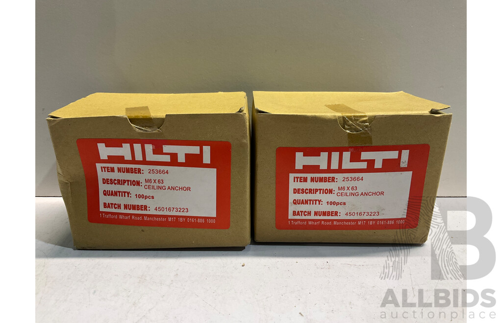 HILTI (253664) M6 X 63 Ceilng Anchor 100 Pieces (X2) - Lot of 2 - Estimated ORP $400.00