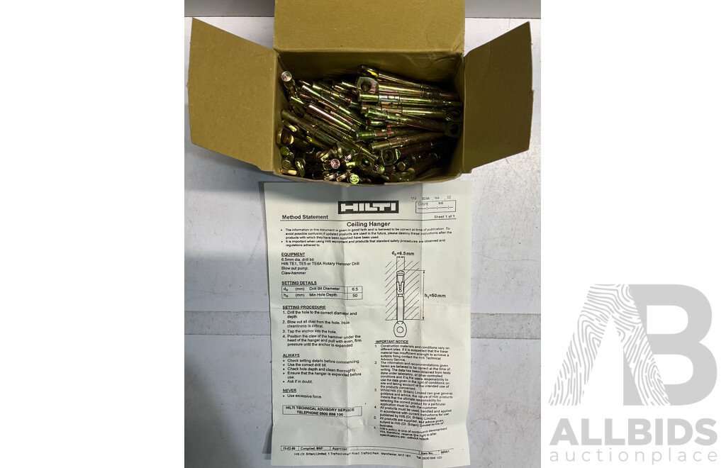 HILTI (253664) M6 X 63 Ceilng Anchor 100 Pieces (X2) - Lot of 2 - Estimated ORP $400.00