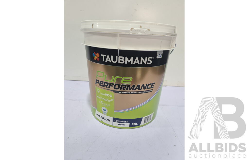 TAUBMANS Pure Perfomance Interior Low Sheen White 15L - LOT of 2 - Approximate ORP$396