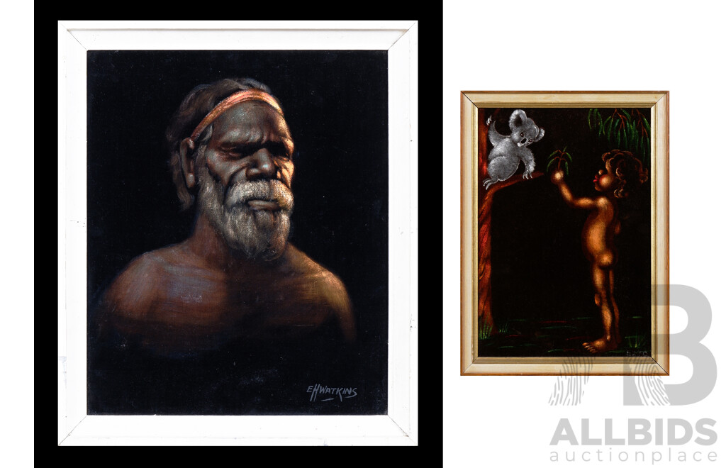 E. H. Watkins, Portrait of an Aboriginal Man, Oil on Velvet, together with another painitng on velvet, largest 40 x 32 cm (2)