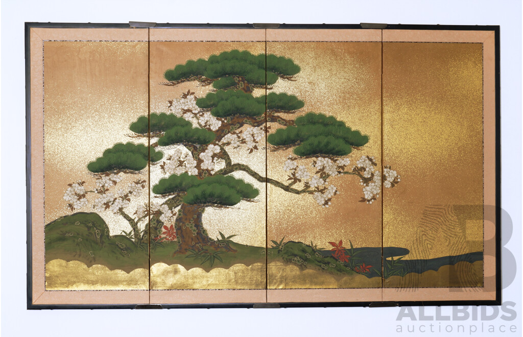 Antique Japanese Painting on Rice Paper On Four Folding Panels c1900, Pine Tree & Cherry Tree, overall image size 145 x 81 cm; overall screen size 93 x 156 cm