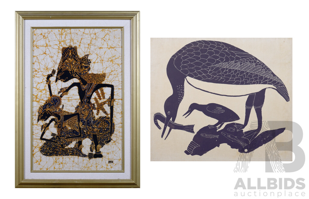Two Indonesian Batik Paintings, One Signed 'Nur', largest 86 x 62 cm (frame) (2)