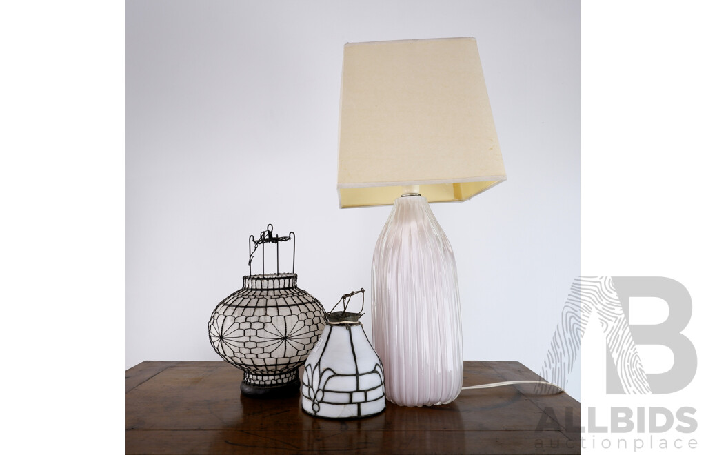 Retro Glass Table Lamp with Shade Along with Two Hanging Light Shades
