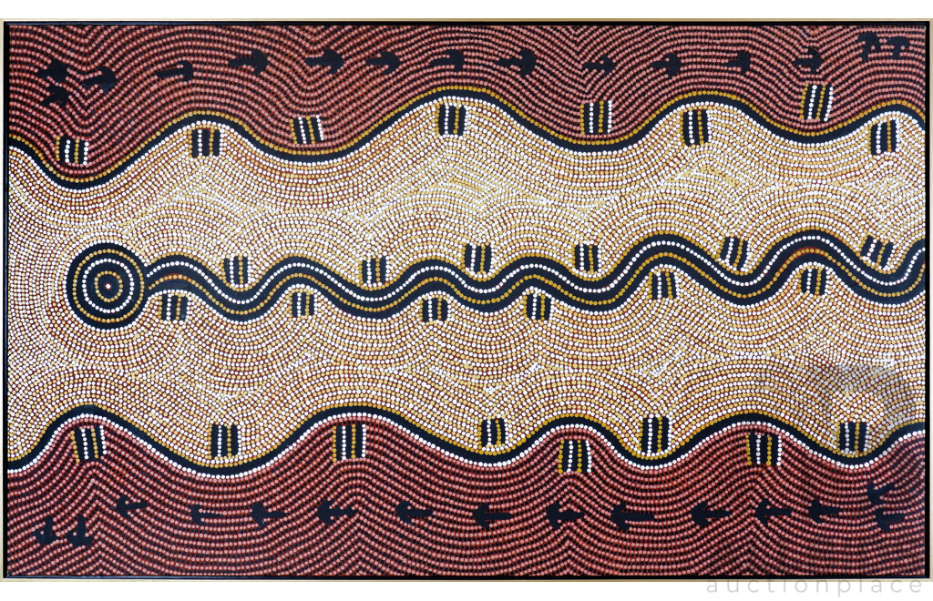 Long Jack Phillipus Tjakamarra (1932-2020, Pintupi language group), Water Dreaming, Acrylic on Canvas, 91 x 152 cm