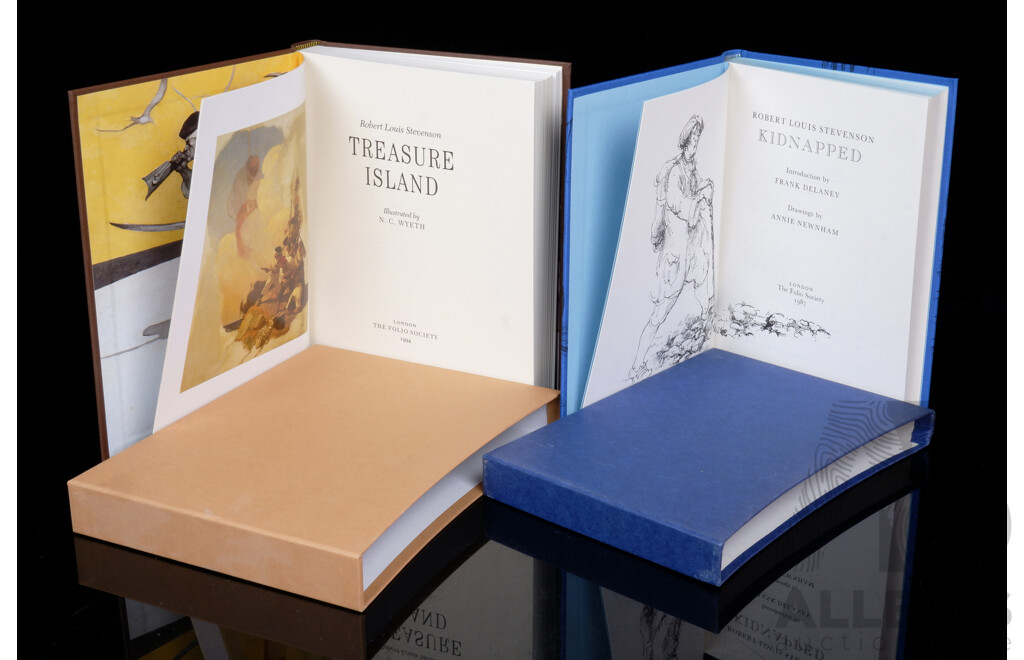 Two Folio Society Publications Comprising Robert Louis Stevenson's Treasure Island, 1994 & Kidnapped, 1987, Both Hardcovers in Slip Cases