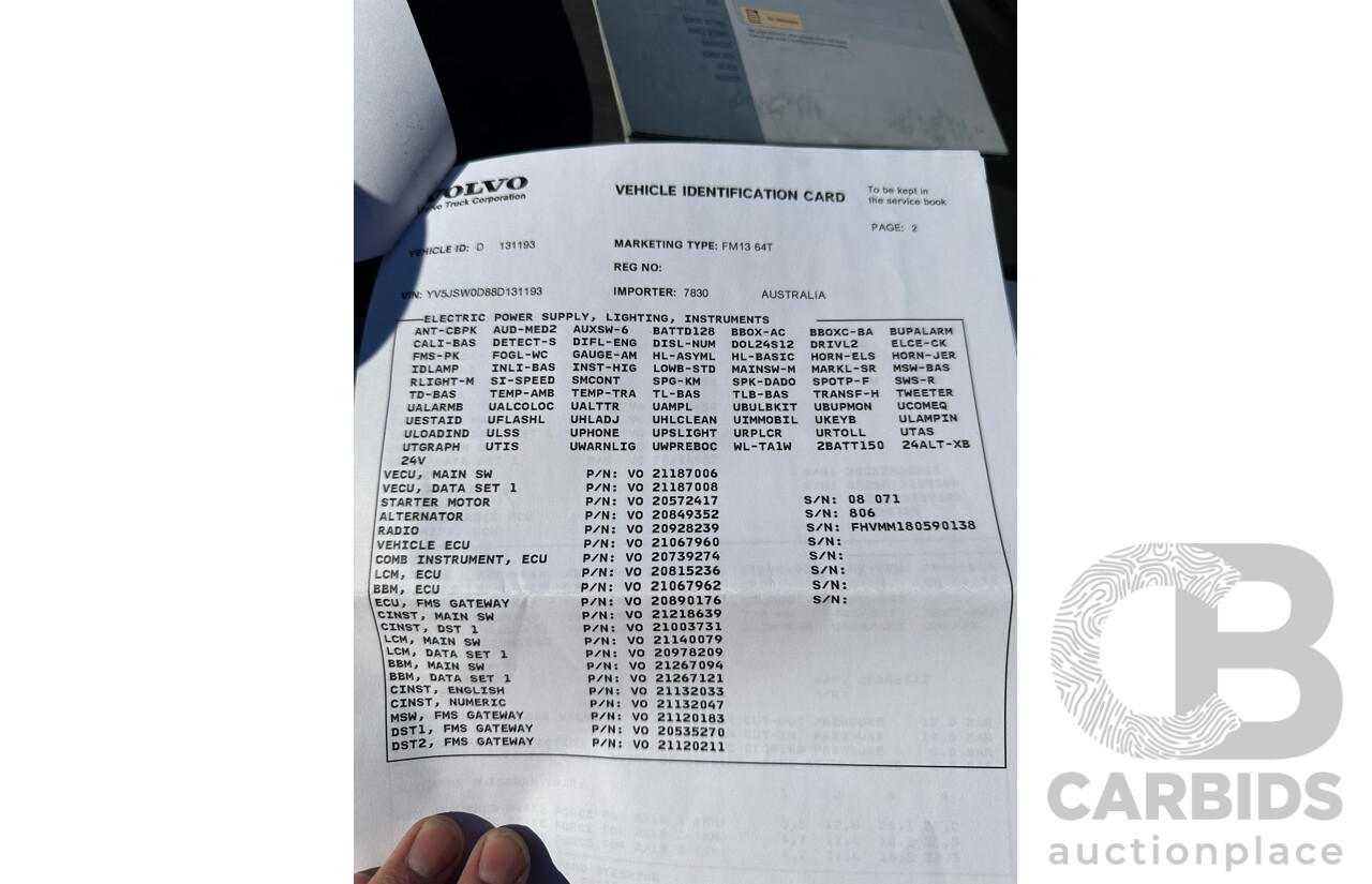 10/2008 Volvo FM 13 6x4 480 HP I-Shift Prime Mover