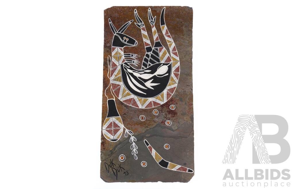 Stephen McLean, Duk Duk (Agile Wallaby) 1973, Earth Pigments on Slate, 30 x 15 cm (Stephen McLean is a white artist taught by Aboriginal elders from the Nhulunbuy)