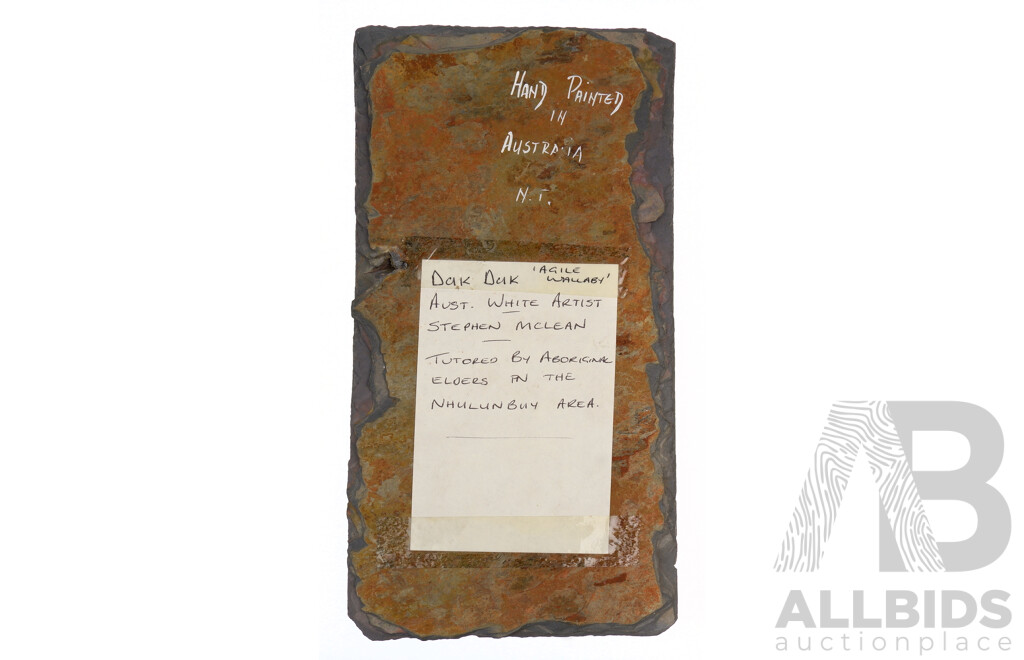 Stephen McLean, Duk Duk (Agile Wallaby) 1973, Earth Pigments on Slate, 30 x 15 cm (Stephen McLean is a white artist taught by Aboriginal elders from the Nhulunbuy)