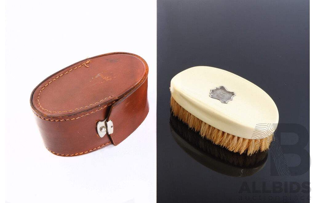 Antique Py Ra Lin Celluloid Hair Brush with Sterling Silver Sheild in Leather Case