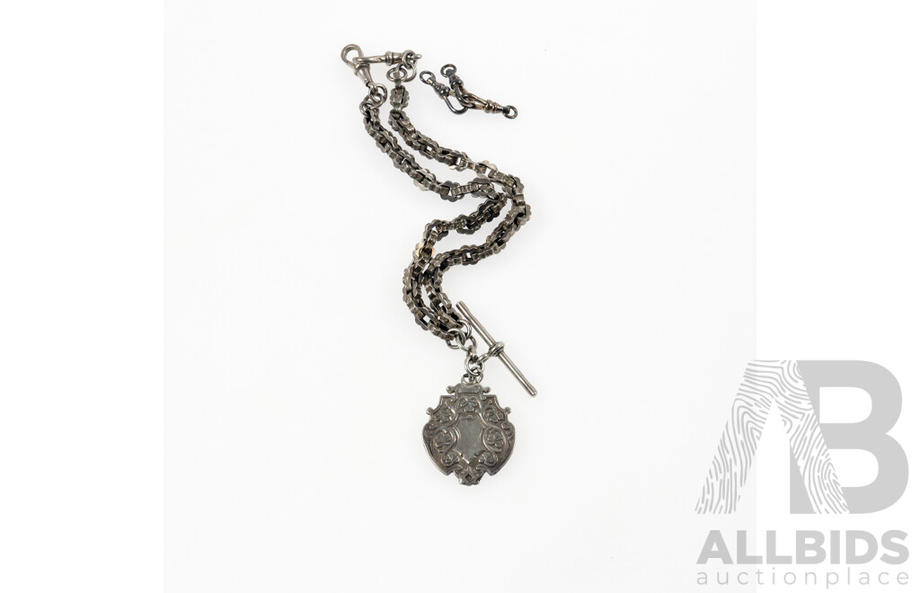 Antique 1898 Sterling Silver Shield on Antique Sterling Silver Ornate Patterned Fob Chain, Hallmarked and Dated Accordingly