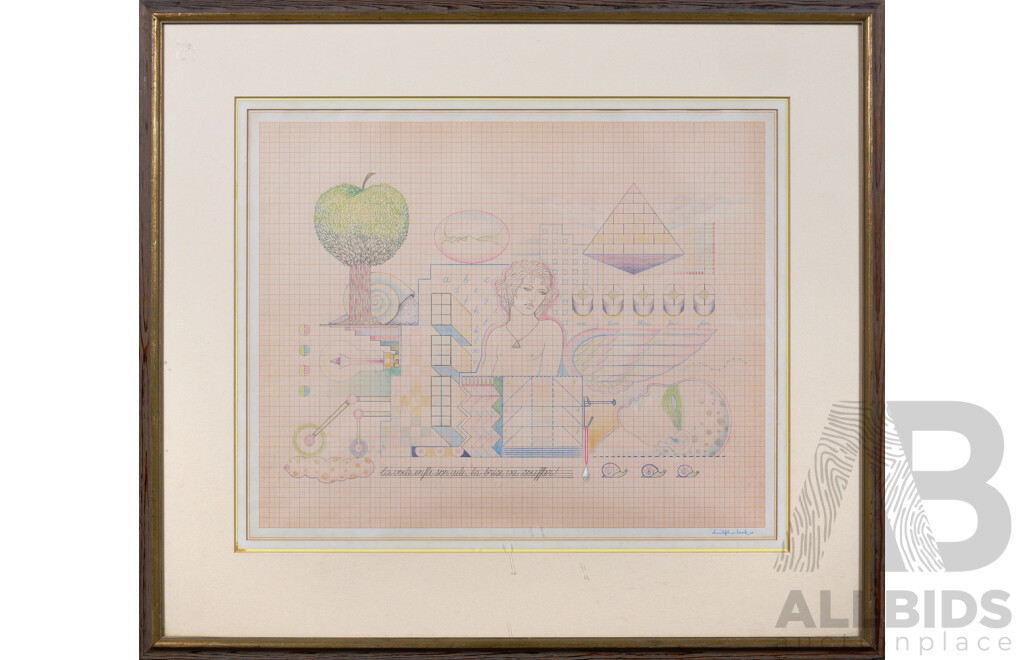 Christopher Boock (born 1947), La voile enfle son aile la brise va souffler 1971, Mixed Media on Paper, 45 x 54 cm
