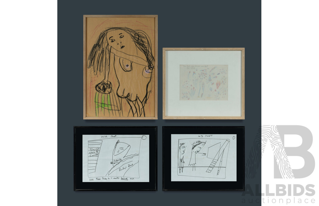 Australian School, Sara SHERA, Girl and Bucket, 1984, inscribed verso (47.5 x 33cm); two unsigned storyboard sketches (21 x 29.5cm); and a double-sided Space Orbs drawing (17 x 23cm), Pen, Charcoal & Coloured Crayon Drawings (4)