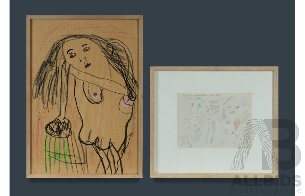 Australian School, Sara SHERA, Girl and Bucket, 1984, inscribed verso (47.5 x 33cm); two unsigned storyboard sketches (21 x 29.5cm); and a double-sided Space Orbs drawing (17 x 23cm), Pen, Charcoal & Coloured Crayon Drawings (4)