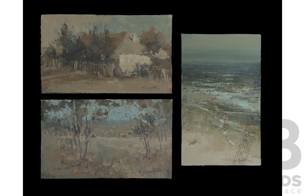 Tony Costa (born 1955), Seascape with Figures (25 x 15cm); Landscape, Clandulla [NSW] (15 x 25cm); and Morning Light, Lithgow [NSW] (15 x 25cm), Oil on Canvas on Board (3)