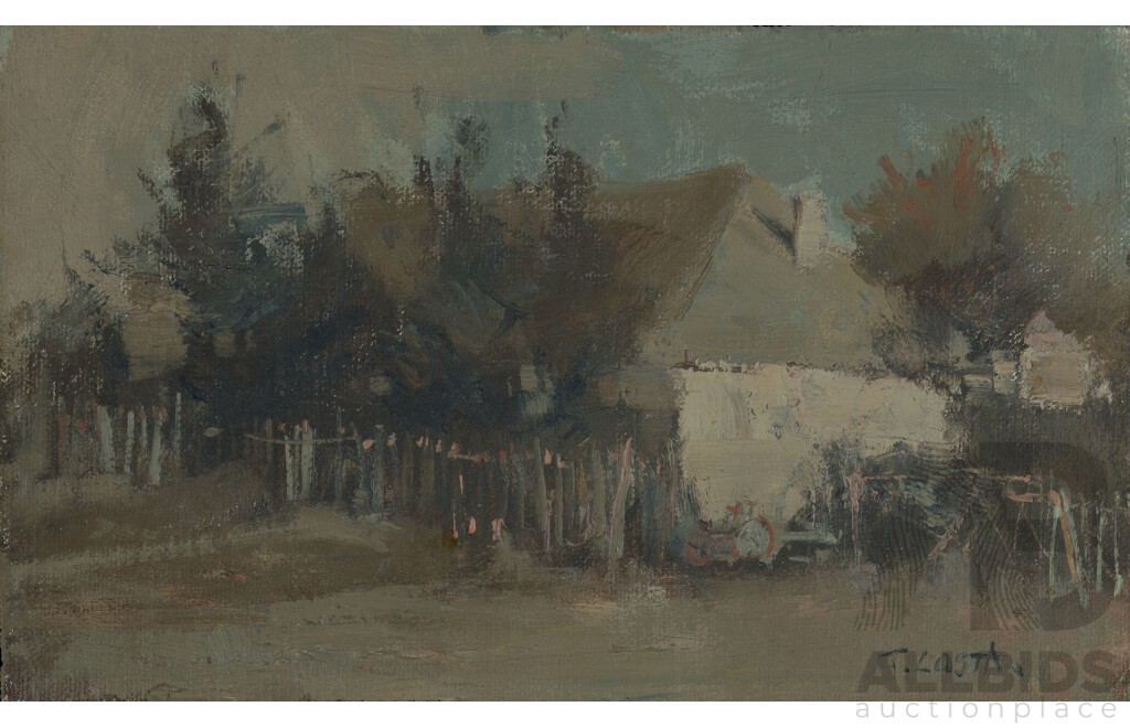 Tony Costa (born 1955), Seascape with Figures (25 x 15cm); Landscape, Clandulla [NSW] (15 x 25cm); and Morning Light, Lithgow [NSW] (15 x 25cm), Oil on Canvas on Board (3)
