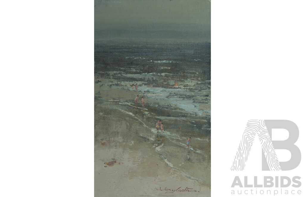 Tony Costa (born 1955), Seascape with Figures (25 x 15cm); Landscape, Clandulla [NSW] (15 x 25cm); and Morning Light, Lithgow [NSW] (15 x 25cm), Oil on Canvas on Board (3)