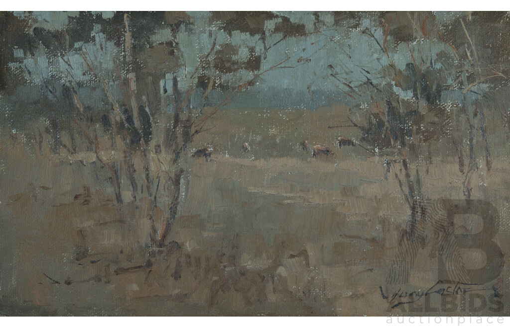 Tony Costa (born 1955), Seascape with Figures (25 x 15cm); Landscape, Clandulla [NSW] (15 x 25cm); and Morning Light, Lithgow [NSW] (15 x 25cm), Oil on Canvas on Board (3)