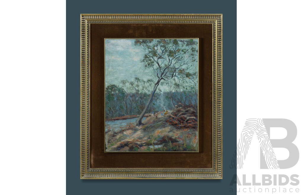 Australian School, Family Group and Campfire by a River, Oil on Board, 44.5 x 36.5cm