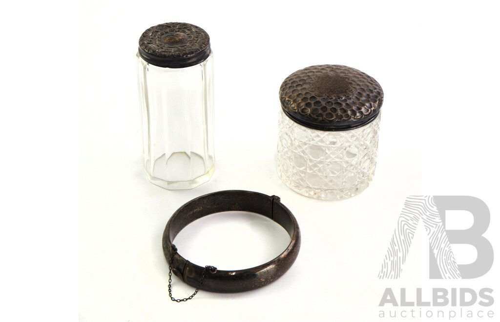 Two Antique Sterling Silver and Cystal Jars with Antique Sterling Silver Hinged Bangle