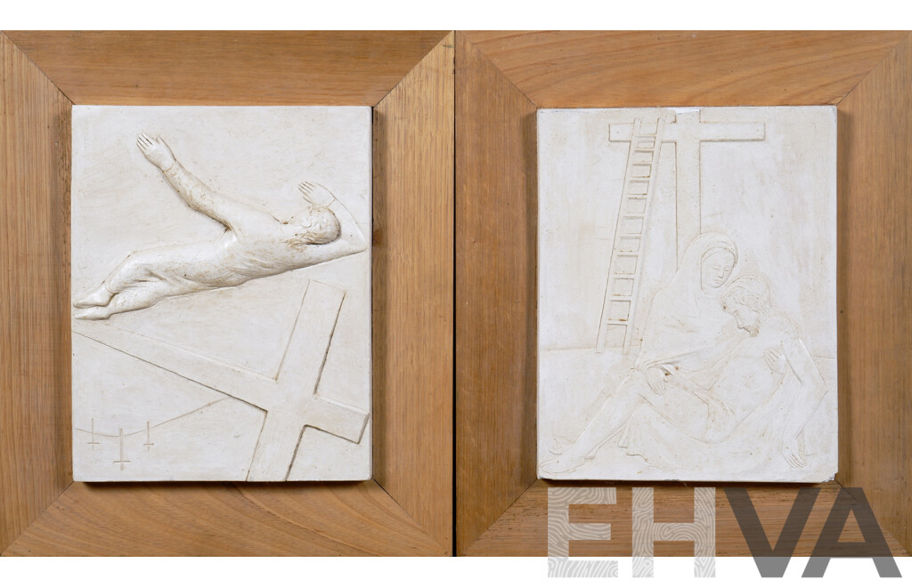 Pair Framed Plaster Reliefs Depicting Scenes From the Stations of the Cross - Station 9, 'Jesus Falls for the Third Time' & Station 13, 'Jesus is Taken Down From the Cross' (2)