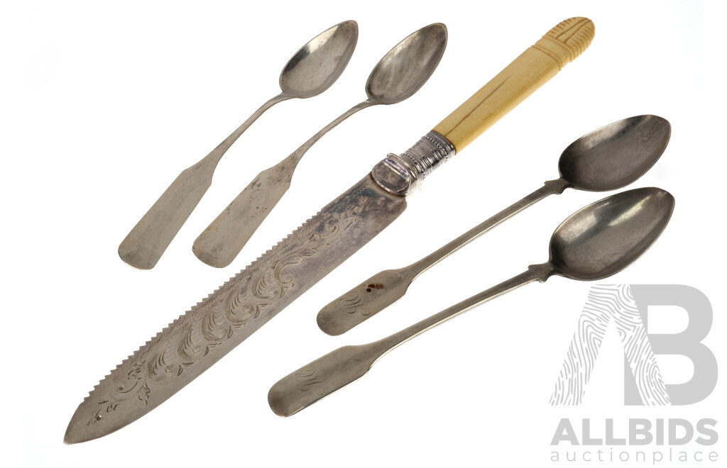 Antique Ivory Handled Butter Knife with Serrated Edge, Pair of Georgian Scottish Sterling Silver Teaspoons and More