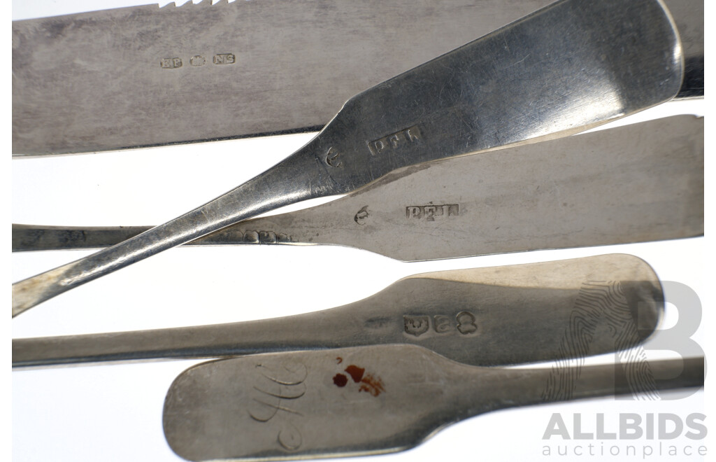 Antique Ivory Handled Butter Knife with Serrated Edge, Pair of Georgian Scottish Sterling Silver Teaspoons and More