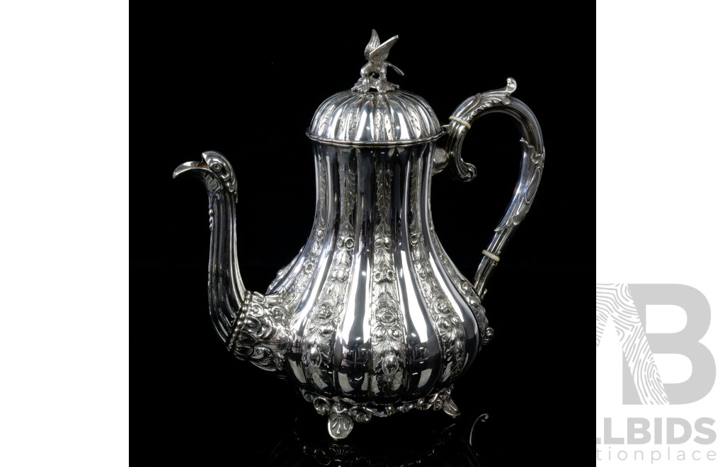 Fantastic Antique Silver Plate and Repousse Teapot with Ivory Heat Spacer and Bird Finial, Late 19th Century