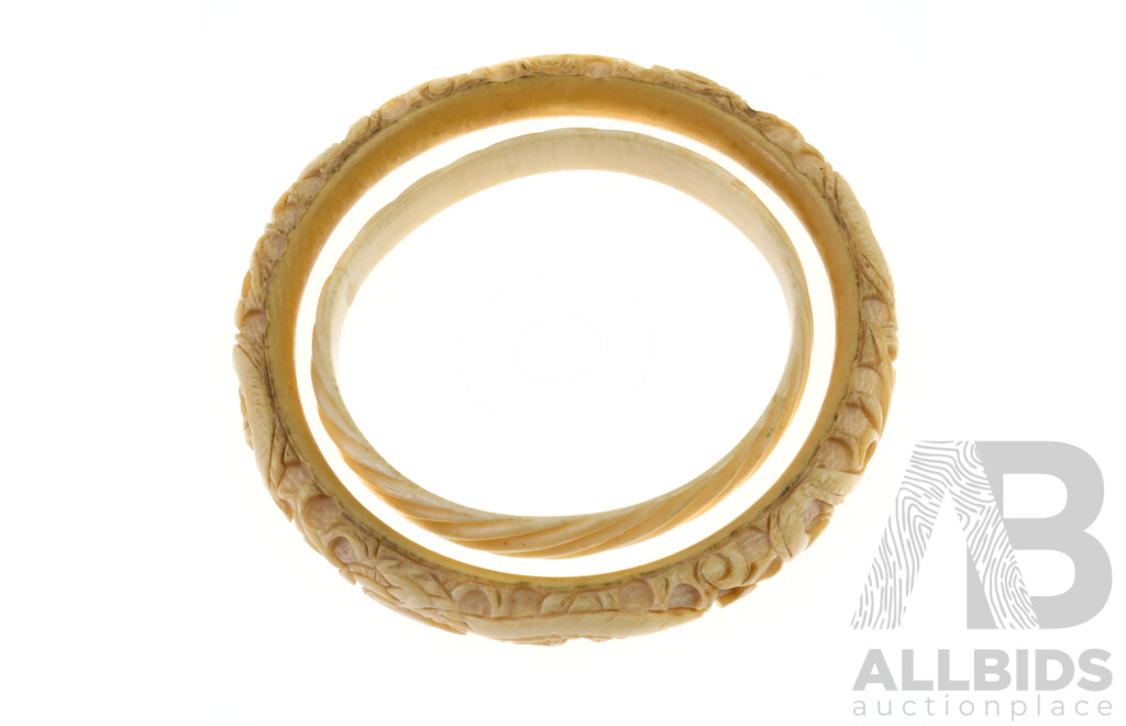 Antique Chinese Carved Ivory Bracelet with Dragon Motif Along with Antique Carved Ivory Bangle, Early to Mid 20th Century
