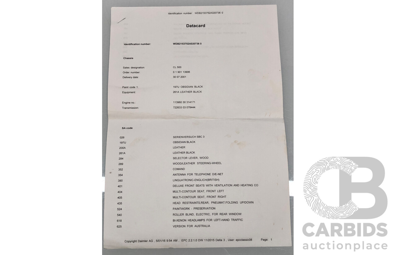 9/2001 Mercedes Benz CL500 W215 2d Coupe Obsidian Black V8 5.0L