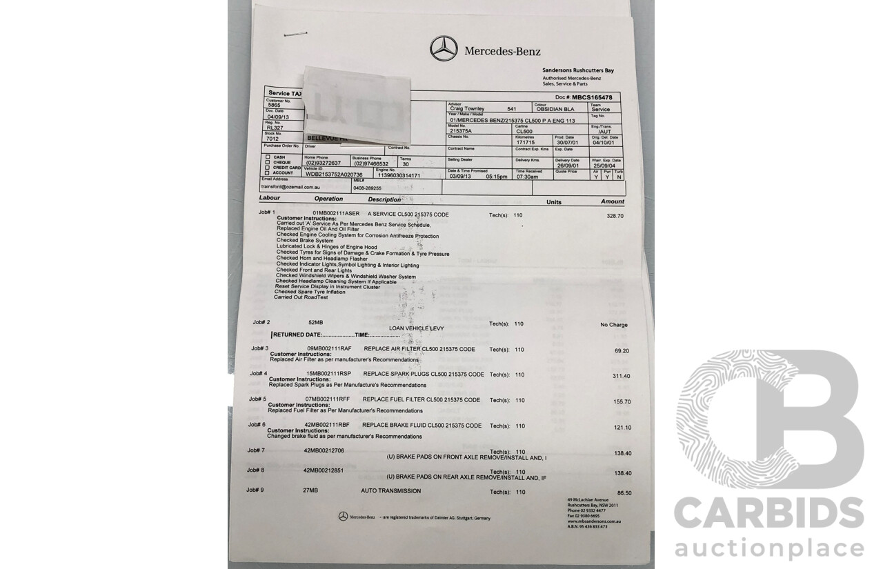 9/2001 Mercedes Benz CL500 W215 2d Coupe Obsidian Black V8 5.0L