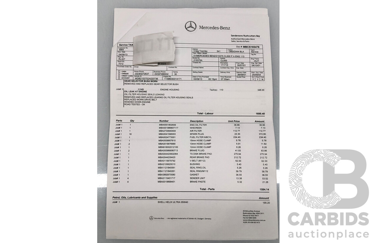 9/2001 Mercedes Benz CL500 W215 2d Coupe Obsidian Black V8 5.0L