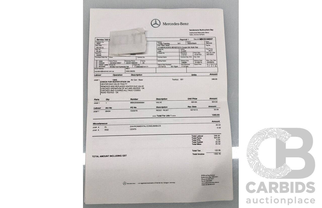 9/2001 Mercedes Benz CL500 W215 2d Coupe Obsidian Black V8 5.0L